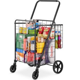 VEVOR Folding Shopping Cart, Jumbo Grocery Cart with Double Baskets, 360Â° Swivel Wheels, Heavy Duty Utility Cart